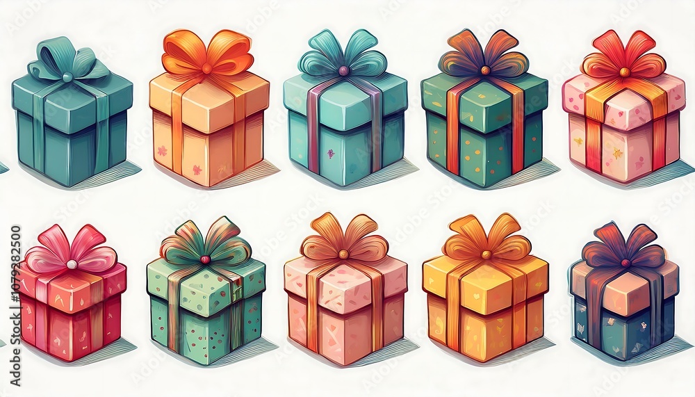 Colorful collection of cute gift boxes with ribbons arranged on a soft background for a festive occasion. Generative AI