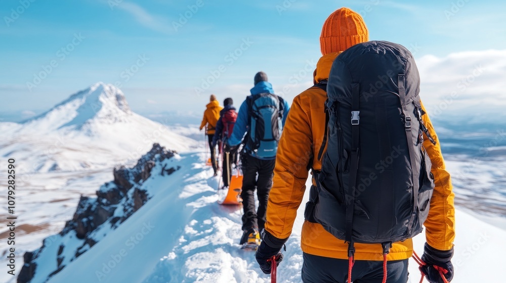 A group of hikers in colorful winter gear carefully walks along a snowy mountain ridge, surrounded by picturesque peaks and a bright blue sky, enjoying a clear, sunny day on their adventure A group of hikers in colorful winter gear carefully walks along a snowy mountain ridge, surrounded by picturesque peaks and a bright blue sky, enjoying a clear, sunny day on their adventure