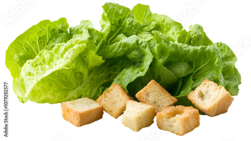 Classic Caesar salad with romaine lettuce and croutons on a white background