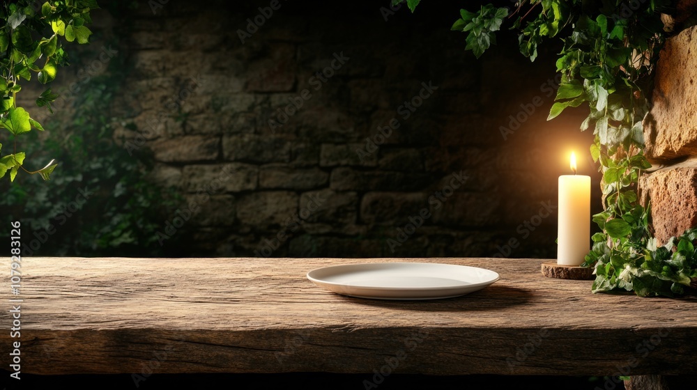 Fototapeta premium rustic wooden table features an empty plate beside a gently flickering candle, while ivy climbs the stone walls, creating a warm and inviting atmosphere at dusk