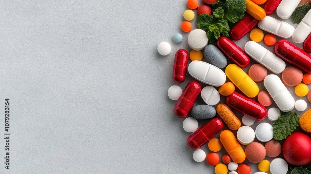 Various shapes and colors of capsules, tablets, and natural remedies are creatively arranged, showcasing a vibrant collection on a light gray surface Various shapes and colors of capsules, tablets, and natural remedies are creatively arranged, showcasing a vibrant collection on a light gray surface