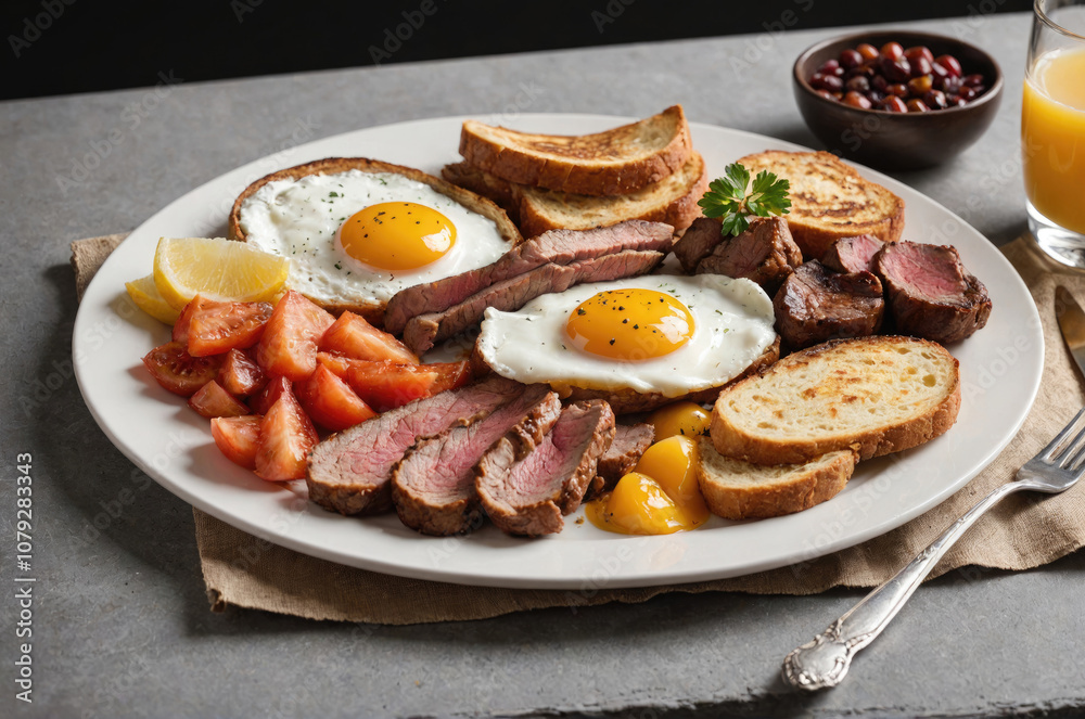 A plate of breakfast food with two fried eggs, grilled steak, sliced tomatoes, and toast A plate of breakfast food with two fried eggs, grilled steak, sliced tomatoes, and toast
