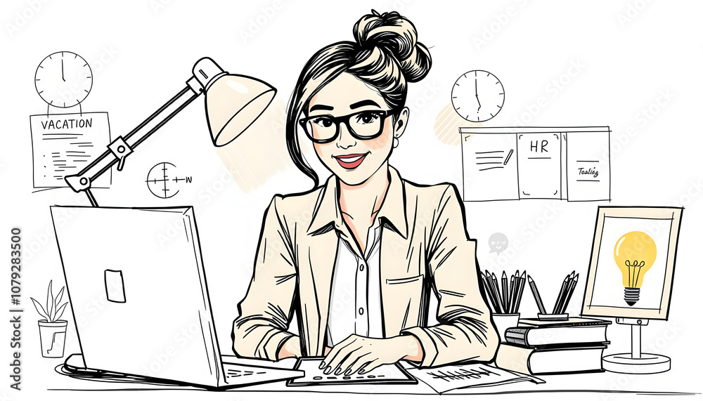 Trend artwork sketch image photo collage of workspace candidate vacation hr research idea lamp young woman sign contract supplies document isolated with white highlights, png Trend artwork sketch image photo collage of workspace candidate vacation hr research idea lamp young woman sign contract supplies document isolated with white highlights, png