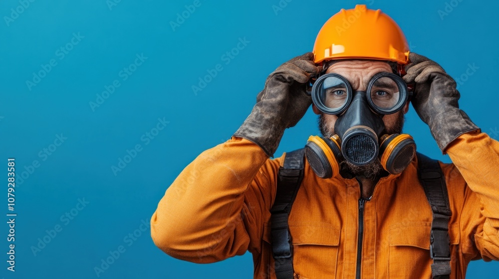 Wearing an orange suit and safety gear, a worker adjusts his protective mask and goggles, readying himself for a potentially hazardous task in a controlled environment Wearing an orange suit and safety gear, a worker adjusts his protective mask and goggles, readying himself for a potentially hazardous task in a controlled environment