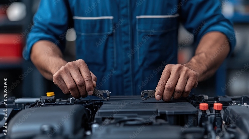 A mechanic is engaged in servicing a car battery, carefully handling tools while performing essential maintenance tasks in a well-equipped garage, surrounded by automotive equipment A mechanic is engaged in servicing a car battery, carefully handling tools while performing essential maintenance tasks in a well-equipped garage, surrounded by automotive equipment