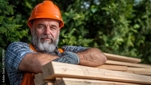 A skilled construction worker stands proudly with wooden planks resting on his arm, surrounded by lush green trees on a bright day