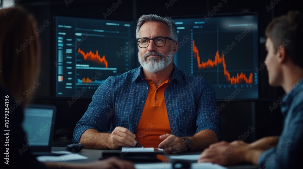 senior analyst leads a discussion in a contemporary office, analyzing financial trends displayed on screens while colleagues engage in conversation and take notes senior analyst leads a discussion in a contemporary office, analyzing financial trends displayed on screens while colleagues engage in conversation and take notes