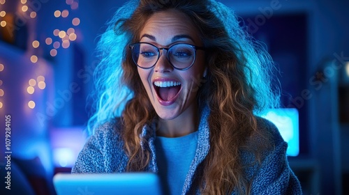 woman with curly hair and glasses smiles broadly at her tablet, showing excitement. softly lit room creates a warm atmosphere filled with holiday cheer