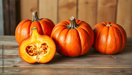 Hokkaido Pumpkins or Red Kuri Squash on a Wooden Table isolated with white highlights, png