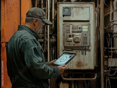 A worker inspects equipment with a tablet.