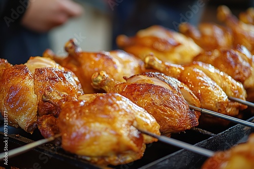 Close-up of multiple whole chickens on an air drum roaster photo