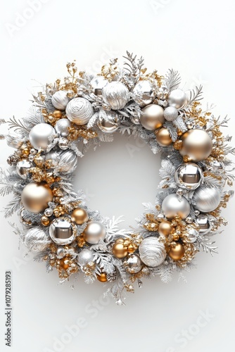 Luxurious Christmas wreath crafted with gold and silver ornaments, frosted foliage, and shimmering details, embodying an elegant holiday spirit