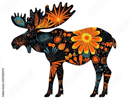 Moose silhouette with colorful floral patterns, isolated design.