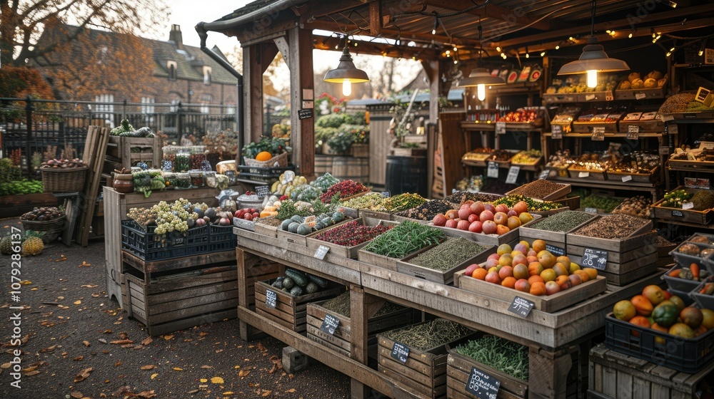 Fototapeta premium A quaint, rustic market stall overflowing with fresh produce.