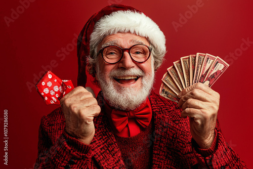 A jubilant older gentleman with cash fan, santa suit and cap, ruby background. photo