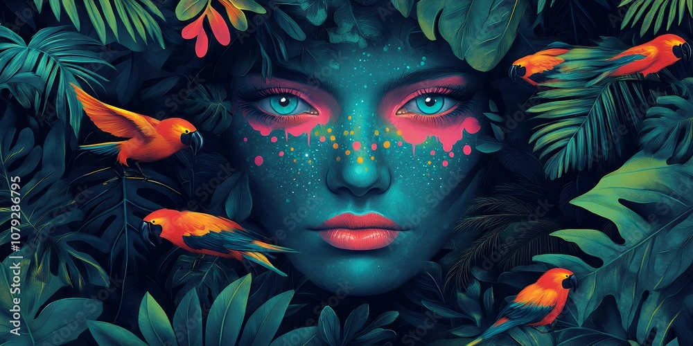 Fototapeta premium A Colorful Woman With Vibrant Face Paint Surrounded by Tropical Foliage and Birds in a Lively, Artistic Representation of Nature and Humanity Together