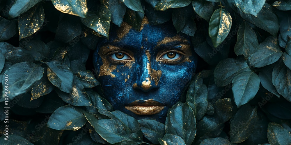 A Person With Vivid Blue and Gold Face Paint Emerges From a Dense Arrangement of Green Leaves, Showcasing a Fusion of Nature and Artistry During a Vibrant Outdoor Setting A Person With Vivid Blue and Gold Face Paint Emerges From a Dense Arrangement of Green Leaves, Showcasing a Fusion of Nature and Artistry During a Vibrant Outdoor Setting