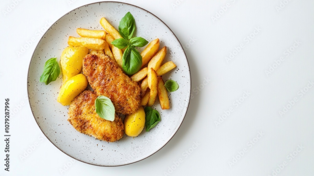 A plate of fried fish, potatoes, and fresh basil leaves. A plate of fried fish, potatoes, and fresh basil leaves.