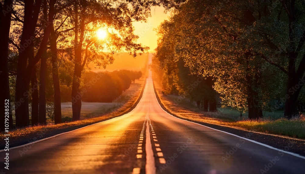Fototapeta premium road leading towards setting sun long shadow cast by road markings warm sunset colors dramatic lighting blurred trees lining the sides atmospheric depth of field dreamy and cinematic vibes