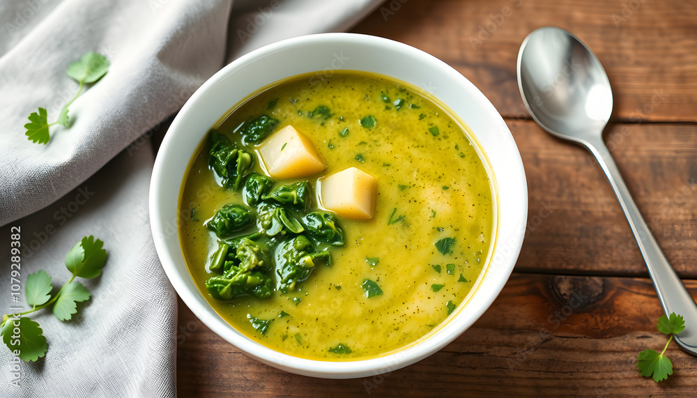 Portuguese green soup - Caldo Verde. Potato and kale soup served in white bowl on wooden table isolated with white highlights, png Portuguese green soup - Caldo Verde. Potato and kale soup served in white bowl on wooden table isolated with white highlights, png