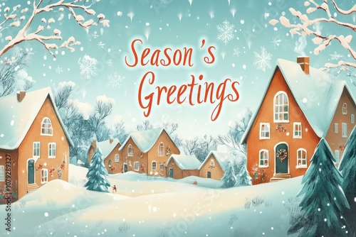 A cozy holiday greeting card with a charming snowy village scene, featuring a warm 