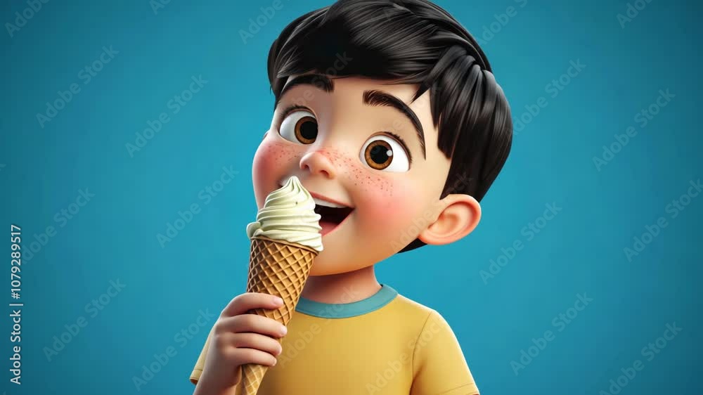 A young boy with black hair enjoys a vanilla ice cream cone against a blue background A young boy with black hair enjoys a vanilla ice cream cone against a blue background