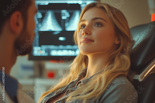 Female technologist performing ultrasound examination in a modern clinic setting