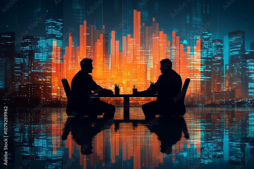 custom made wallpaper toronto digitalBusiness meeting with silhouetted figures against a vibrant city skyline and digital graphics at night