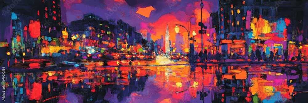 Obraz premium Dreamlike, neon cityscape at night with bold, glowing streetlights, reflective puddles, and surreal shapes in the sky