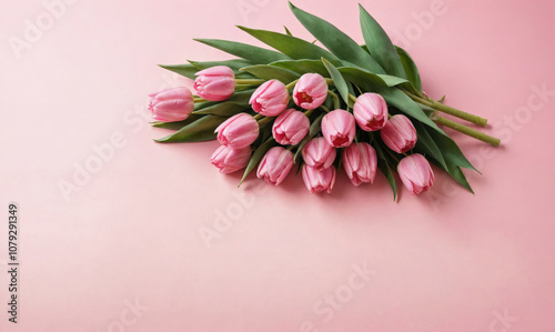 A bouquet of pink tulips rests on a pink background