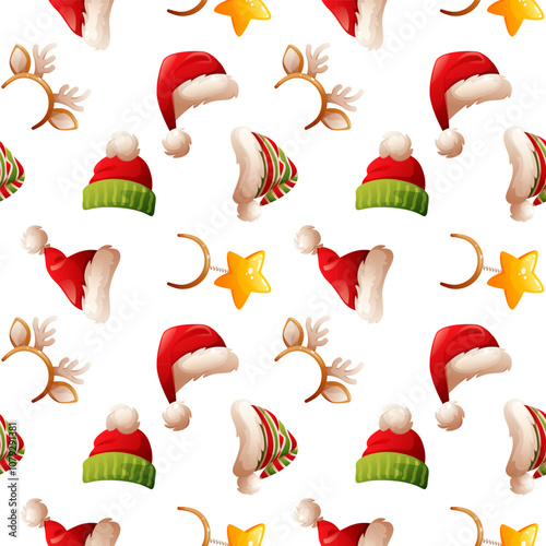 Vector seamless Christmas pattern of Santa hats, elf cap, reindeer antlers headband and star on white background. Red Santa Claus hat. For textile, banner, wallpaper, Christmas and New Year packaging