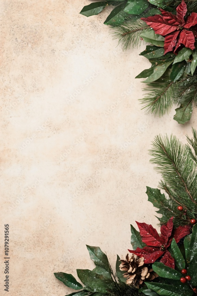 Christmas frame with red poinsettia and pine branches on beige background. Holiday corner decoration. Winter celebration concept. Natural design Christmas frame with red poinsettia and pine branches on beige background. Holiday corner decoration. Winter celebration concept. Natural design
