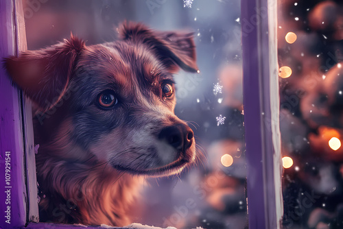 sad stray dog looking through a window into a house with a family that is celebrating christmas before a christmas tree photo