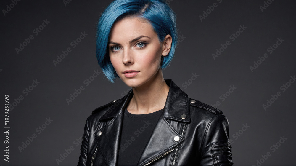 A woman with blue hair and a leather jacket stares intently at the camera A woman with blue hair and a leather jacket stares intently at the camera