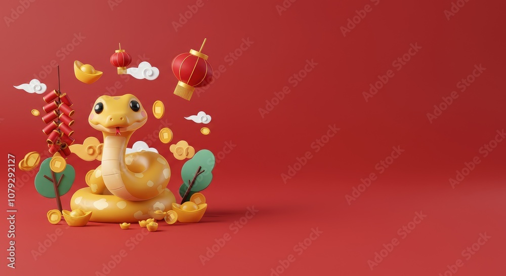 3D illustration of cartoon snake surrounded by lunar new year decorations 3D illustration of cartoon snake surrounded by lunar new year decorations
