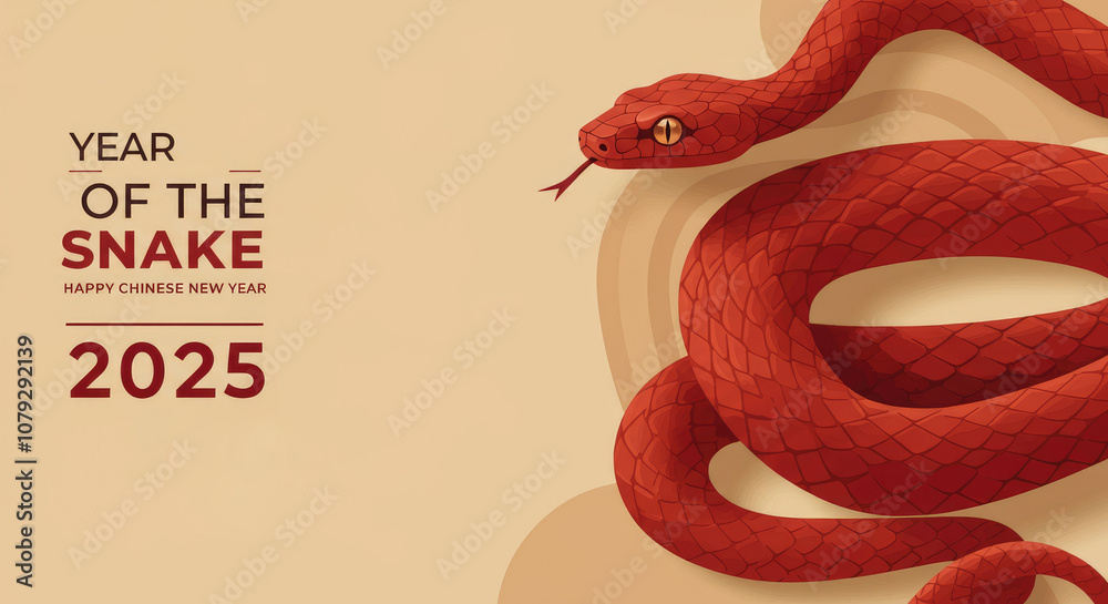 Illustration of red snake for Year Snake 2025 Celebrating Chinese New Serpent coiled on light beige background Illustration of red snake for Year Snake 2025 Celebrating Chinese New Serpent coiled on light beige background