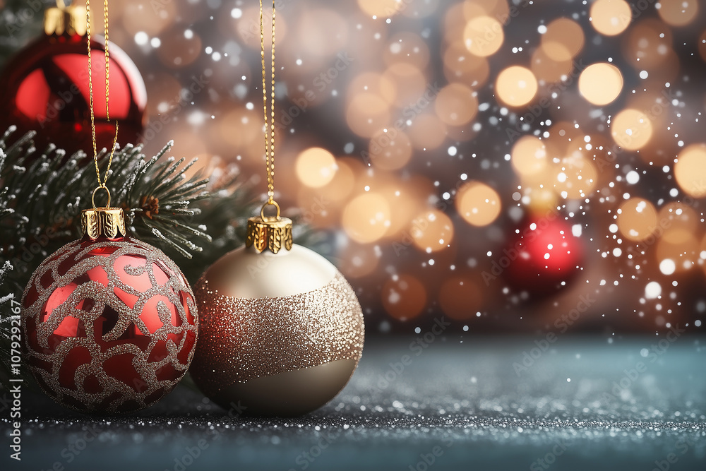 Festive Christmas balls hang from pine branches, adorned with lights and surrounded by falling snowflakes this holiday season Festive Christmas balls hang from pine branches, adorned with lights and surrounded by falling snowflakes this holiday season