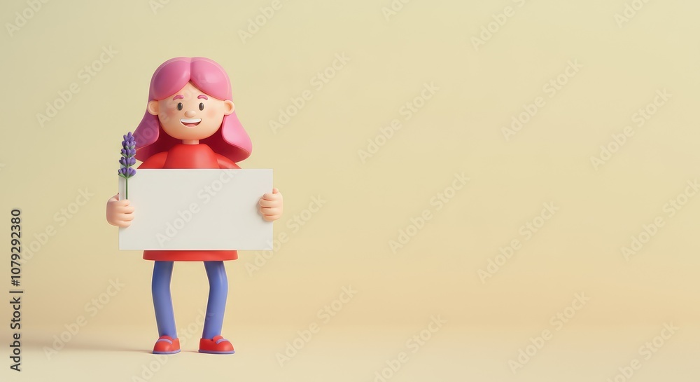 Animated girl holding blank sign and lavender stem, smiling Animated girl holding blank sign and lavender stem, smiling
