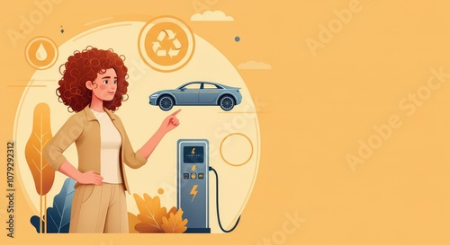 Woman pointing at hovering car, recycling symbols, electric charging station photo