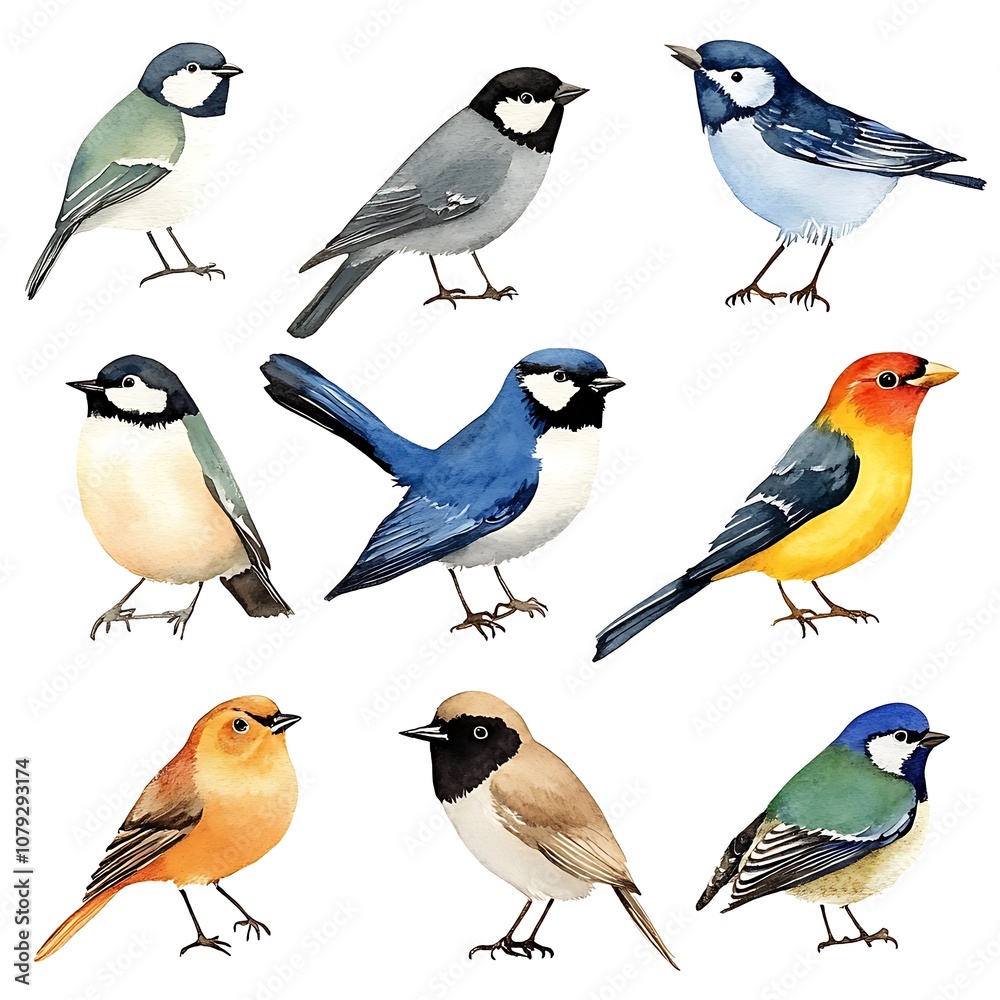 Fototapeta premium Watercolor birds delicately illustrated with shades of blue and yellow.