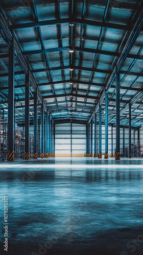 Interior of an empty industrial warehouse building showing metal roof structure and polished concrete floor