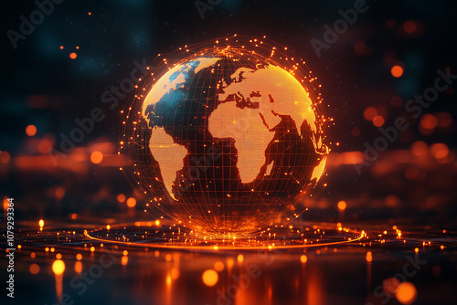 A dynamic network connection represented by a glowing geometric grid surrounding the Earth in a digital landscape