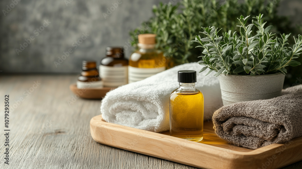 A tranquil spa scene with fluffy towels, herbal oils, and a small potted plant arranged on a wooden tray, soft lighting illuminating the setting A tranquil spa scene with fluffy towels, herbal oils, and a small potted plant arranged on a wooden tray, soft lighting illuminating the setting