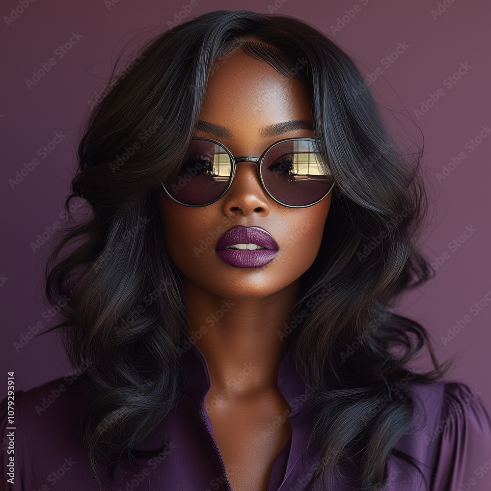 Black Woman Wearing Plum Blouse, Dark Sunglasses and Plum Lipstick, Editorial Model Black Woman Wearing Plum Blouse, Dark Sunglasses and Plum Lipstick, Editorial Model