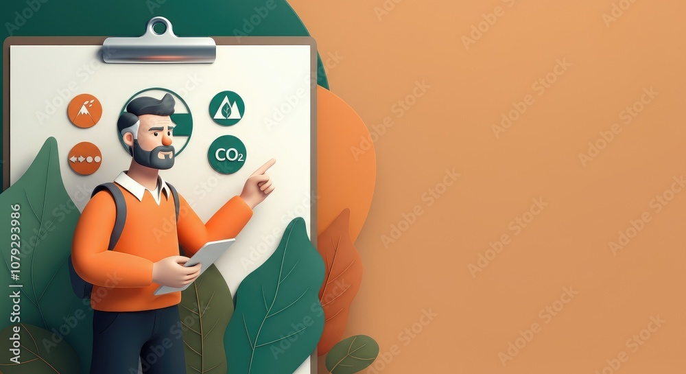 Asian man presenting environmental data with charts on clipboard