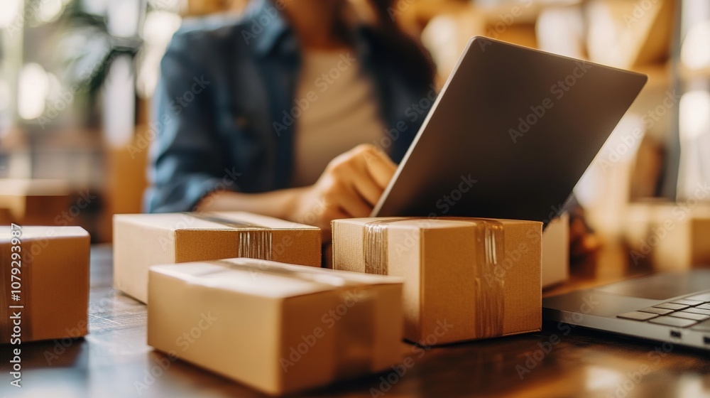 Small business owners efficiently manage shipping processes with modern technology in a closeup setting Small business owners efficiently manage shipping processes with modern technology in a closeup setting