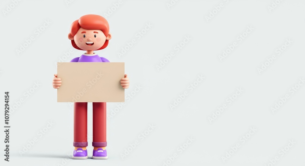 Cartoon character with red hair holds blank sign