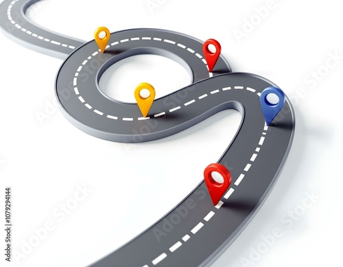3D Curved Road with Colorful Milestone Markers and Dashed Lines – Minimalist Journey, Roadmap, Project Timeline Illustration
