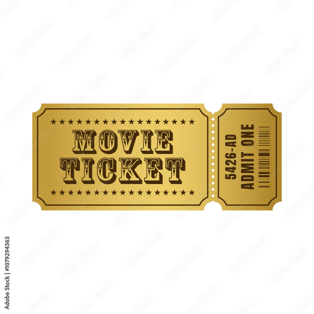 Golden movie ticket template. Admit one. Vector illustration Golden movie ticket template. Admit one. Vector illustration