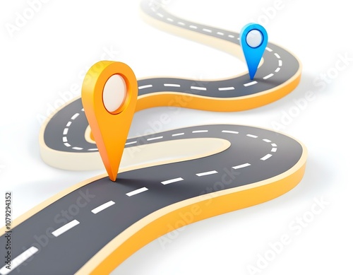 3D Curved Road with Colorful Milestone Markers and Dashed Lines – Minimalist Journey, Roadmap, Project Timeline Illustration